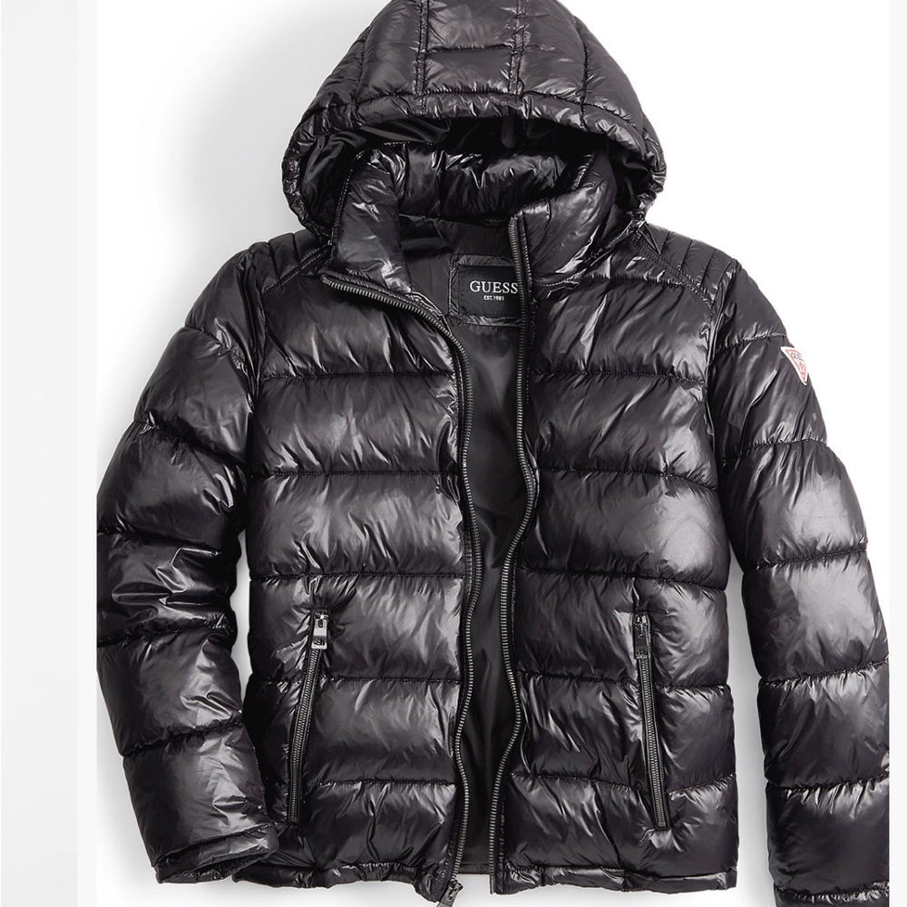 Guess Black Puffer Jacket with Hood and Quilted Design